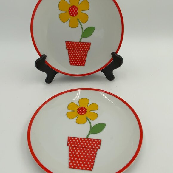 Two Piece Fitz & Floyd Swiss Polka Dot Yellow DAISY Dinner Plates 7 1/2" - Picture 3 of 3